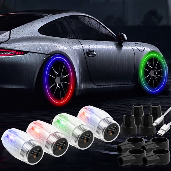 LED Tire Valve Cap Lights USB-C Rechargeable Motion Sensor Colorful Flashing Wheel Lamp 4 Piece
