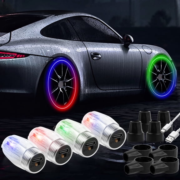 LED Tire Valve Cap Lights USB Rechargeable Motion Sensor Colorful Wheel Flashing Lamp 4 Pcs (black )