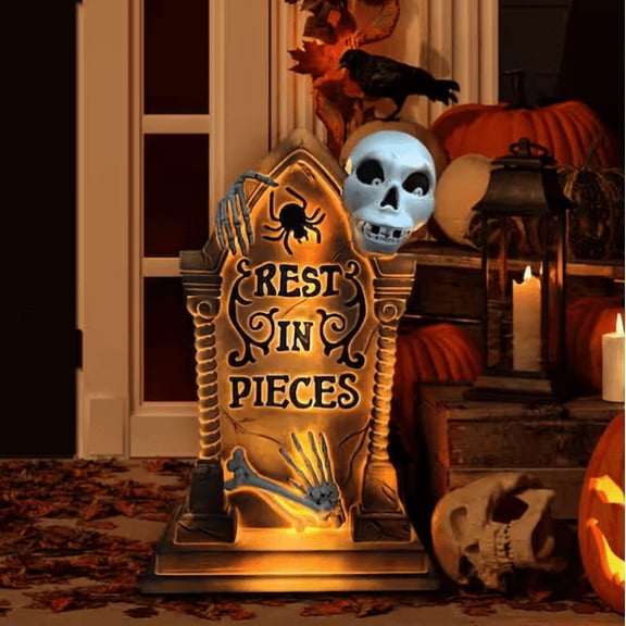 LED Tombstone with Skeleton Blow Mold Halloween Decoration - Skeleton 'Rest in Pieces' Blow Mold Graveyard Prop for Indoor and Outdoor Holiday Yard Decor