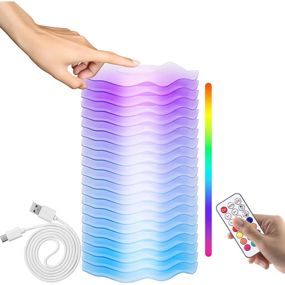 LED Touch Night Light with Remote, Rechargeable Bedside Lamp, 8-Level Warm White Brightness & RGB Color Changing, Wave Design for Kids, Bedroom & Living Room