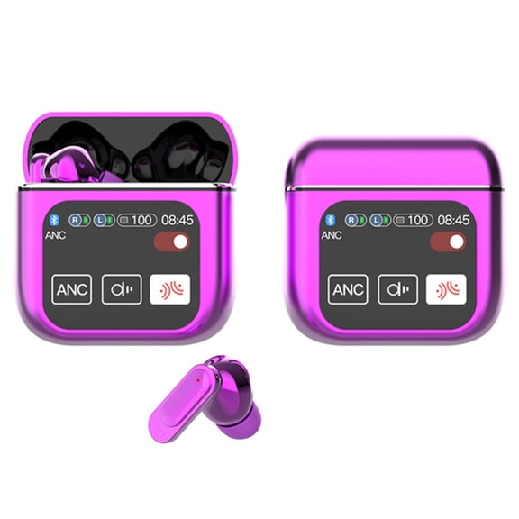 LED Touchscreen Wireless In-Ear Headphones, ANC and ENC Noise Cancelling Earbuds with Smart Charging Case, Mic for Perfect Calls with Voice Control, Up to 40 Hours Playtime-Purple