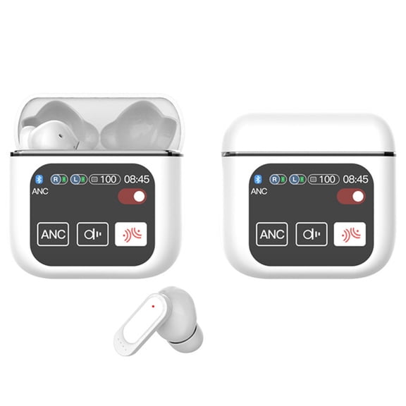 LED Touchscreen Wireless In-Ear Headphones, ANC and ENC Noise Cancelling Earbuds with Smart Charging Case, Mic for Perfect Calls with Voice Control, Up to 40 Hours Playtime-White
