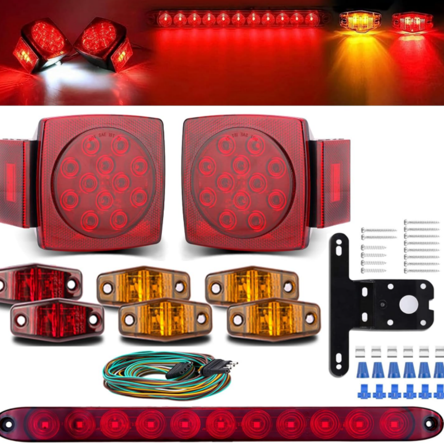 LED Trailer Light Kit - Amber Red Markers & Brake Light Bar ...