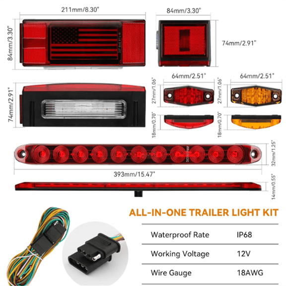 LED Trailer Lights Kit for Utility IP68 Waterproof Boat Trailer Lights and Wiring Kit w/License Plate Lights Brake Lighting Marker Lighting, for Boat Truck RV