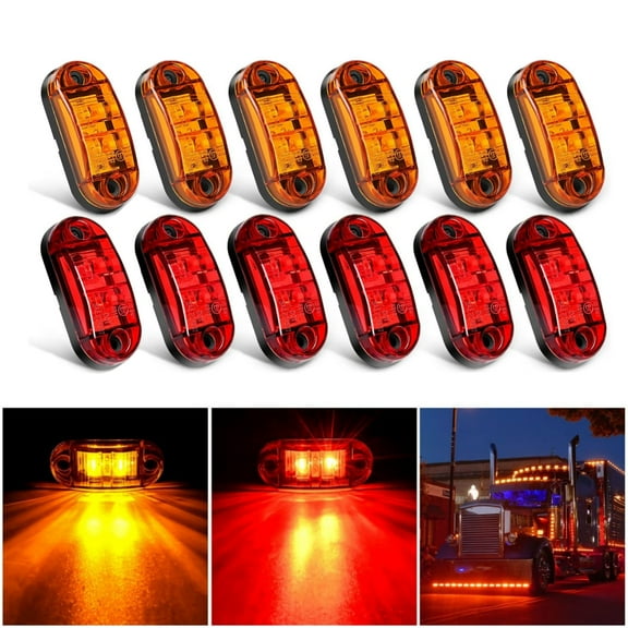 LED Trailer Lights Set  12 Pcs 2.5 Inch Waterproof Side Marker Lights, Oval 2-Diode Signal Running Lamps for Truck, RV, Boat, Camper, Amber & Red
