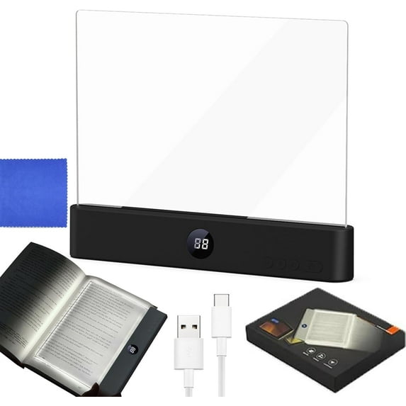 LED Transparent Reading Light, Flat Book Light, Smart Led Book Light with 3 Colors & Timer, Dimmable Panel Plate Lamp Gifts for Readers Lovers (Black 1pcs)