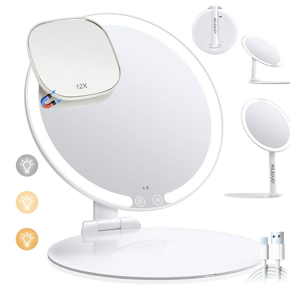 LED Travel Lighted Makeup Mirror with 12X magnifying mirror,3 Colors Light Modes Portable Mirror with Light, Rechargeable Light up Mirror with Adjustable Stand, Dimmable Cosmetic Mirror