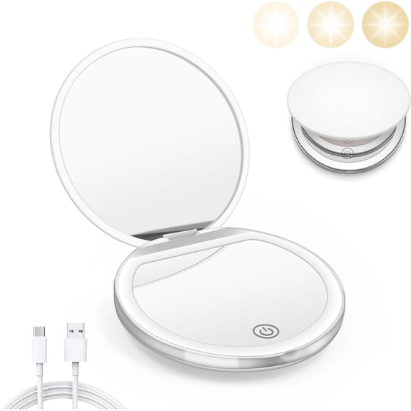 LED Travel Makeup Mirror, 1X/3X Compact Mirror, 3.5 inch Portable Handheld 2-Sided Mirror, White