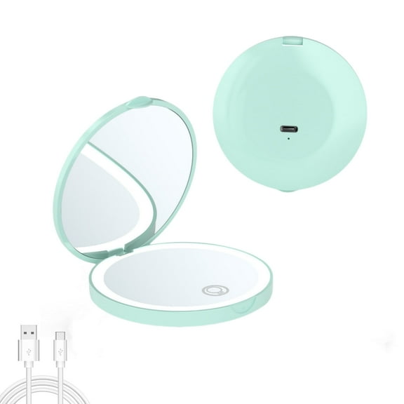 SINGOMON LED Travel Makeup Mirror, Dual-Sided 1x/2x Magnifier, 3.2-inch with Three-Color Lighting, Fits Handbags/Pockets, Green