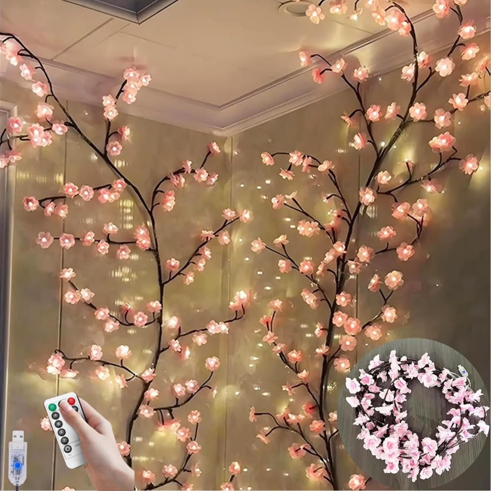 LED Tree Branch Lights for Wall, Cherry Blossom Lights Vine Lights with Remote and 8 Lighting Modes Cherry Blossom Garland Willow Vine for Bedroom Indoor Wall Christmas Decor