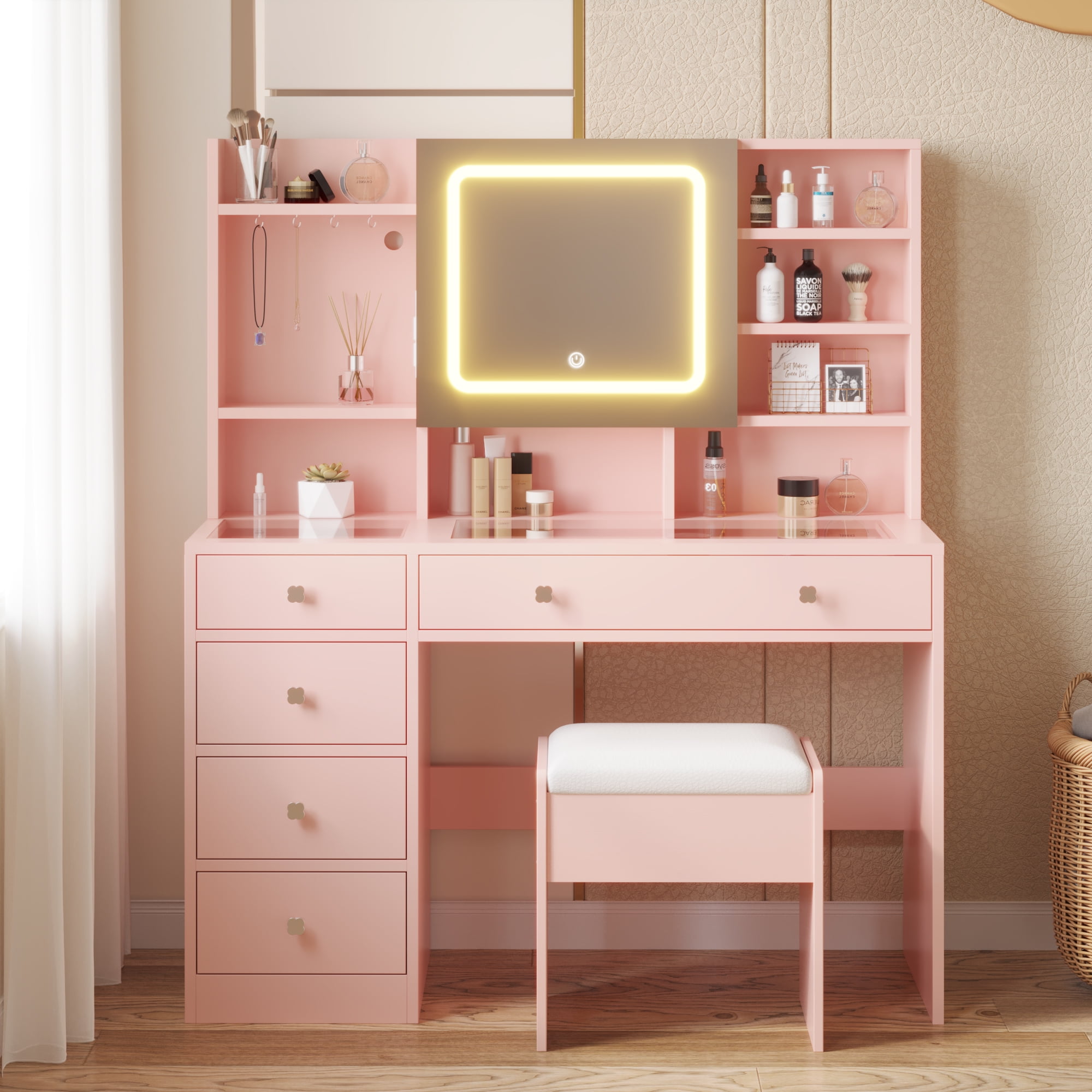 LED Tri-Color Lighting Dressing Table Set Particleboard with Textured Melamine Finish Dressing Table with Power Strip 5-Drawer Dressing Table with Shelves and Hooks, 47.24*15.75*53.54in Apple Pink