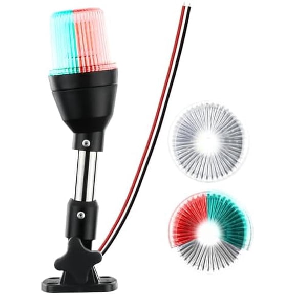 LED Tri-Color Navigation Light,Bimini Top Red-Green-White Combination Boat Bow Light & Anchor Light, Stainless Steel Foldable Pole Base, 10-24V DC,10 Inches$$Watercraft