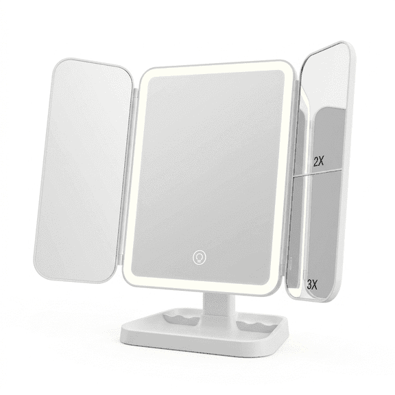 LED Tri-Fold Makeup Mirror with 2X/3X Magnification, Quilted Texture Folding Vanity Mirror with 72 LED Lights, Touch Screen Dimming, Portable Travel Lighted Mirror, Cream White