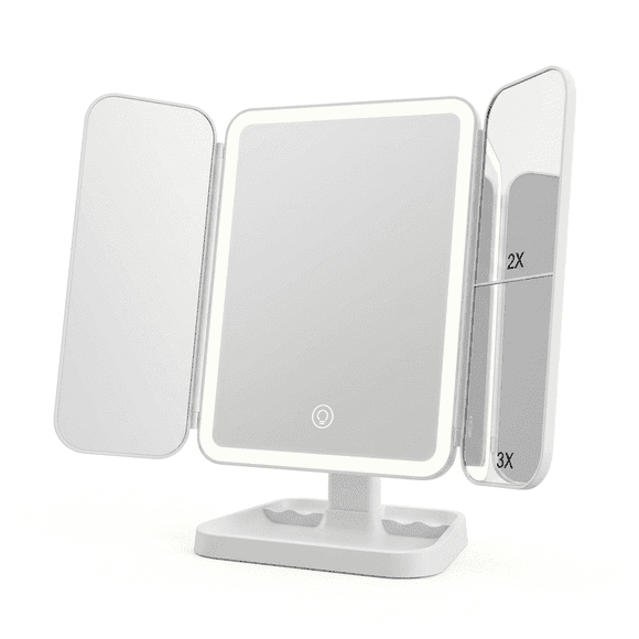 LED Tri-Fold Makeup Mirror with 2X/3X Magnification, Quilted Texture Folding Vanity Mirror with 72 LED Lights, Touch Screen Dimming, Portable Travel Lighted Mirror, Cream White