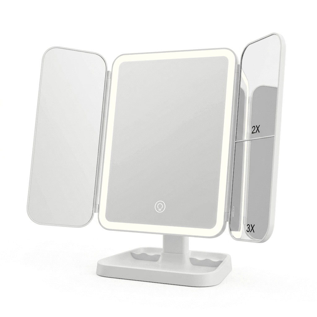 LED Tri-Fold Makeup Mirror with 2X/3X Magnification, Quilted Texture Folding Vanity Mirror with 72 LED Lights, Touch Screen Dimming, Portable Travel Lighted Mirror, Cream White