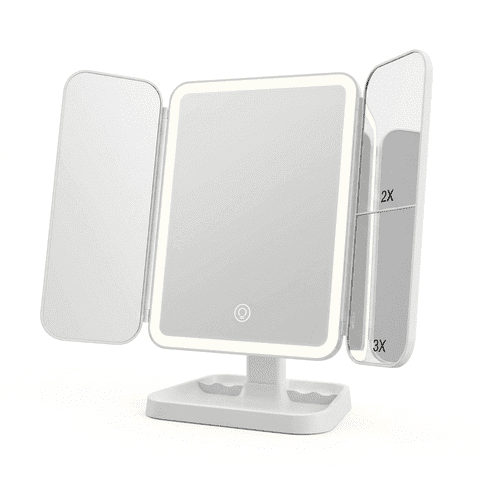 LED Tri-Fold Makeup Mirror with 2X/3X Magnification, Quilted Texture Folding Vanity Mirror with 72 LED Lights, Touch Screen Dimming, Portable Travel Lighted Mirror, Cream White