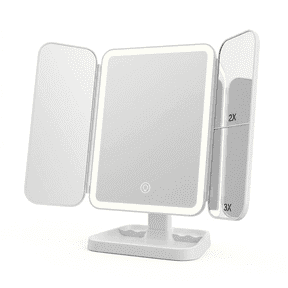 LED Tri-Fold Makeup Mirror with 2X/3X Magnification, Quilted Texture Folding Vanity Mirror with 72 LED Lights, Touch Screen Dimming, Portable Travel Lighted Mirror, Cream White