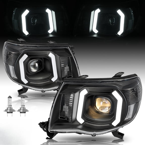 LED Tube DRL Halo Projector Headlights LH+RH W/B For 2005-2011 Toyota Tacoma