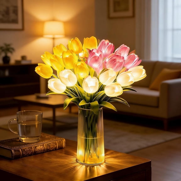 LED Tulip Night Light Artificial Flower Bouquet with Vase Battery USB Operated Floral Table Decor Lamp(10PCS-Mixed)