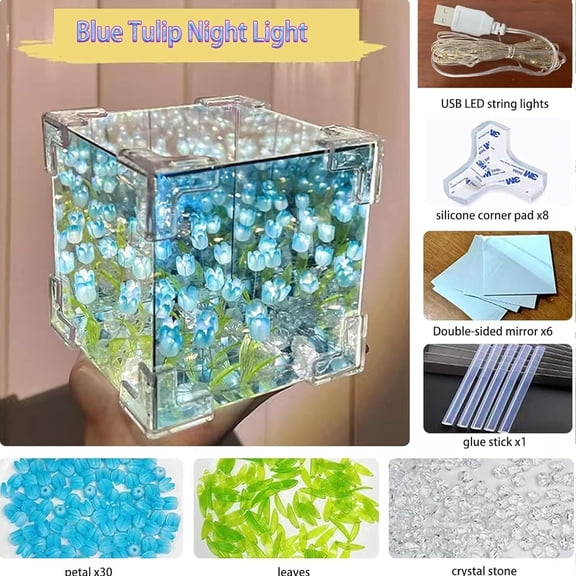 LED Tulip Night Light, Decorative Table Lamp with Mirror, 21 Flowers, Handmade DIY Magic Cube Design (Blue)