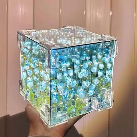 LED Tulip Night Light, Decorative Table Lamp with Mirror, 21 Flowers, Handmade DIY Magic Cube Design (Blue)