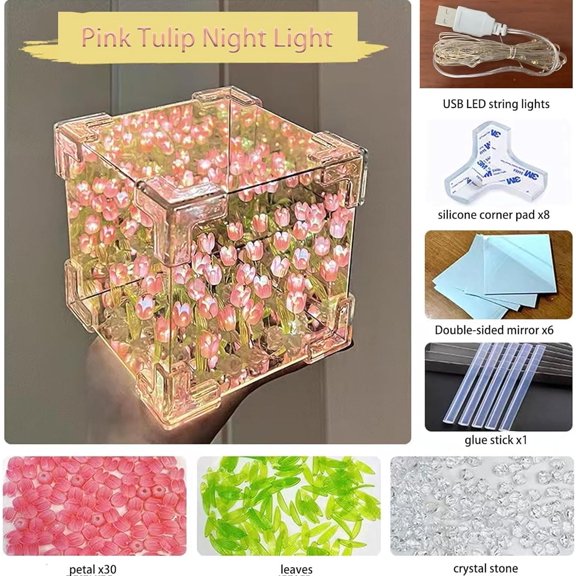 LED Tulip Night Light, Decorative Table Lamp with Mirror, 21 Flowers, Handmade DIY Magic Cube Design (Pink)
