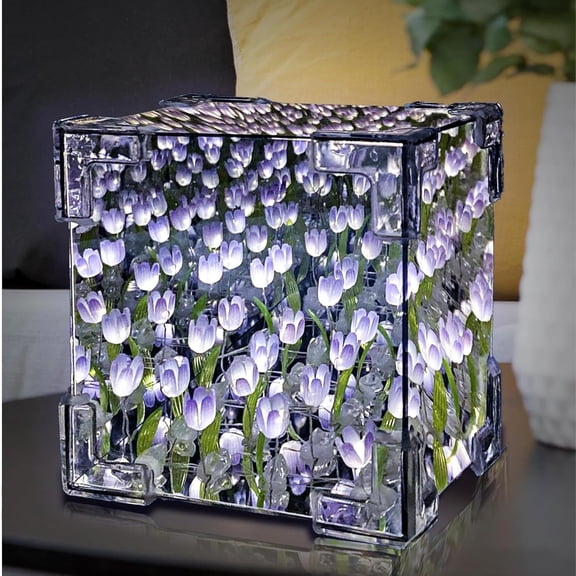 LED Tulip Night Light, Decorative Table Lamp with Mirror, 21 Flowers, Handmade DIY Magic Cube Design (Purple)