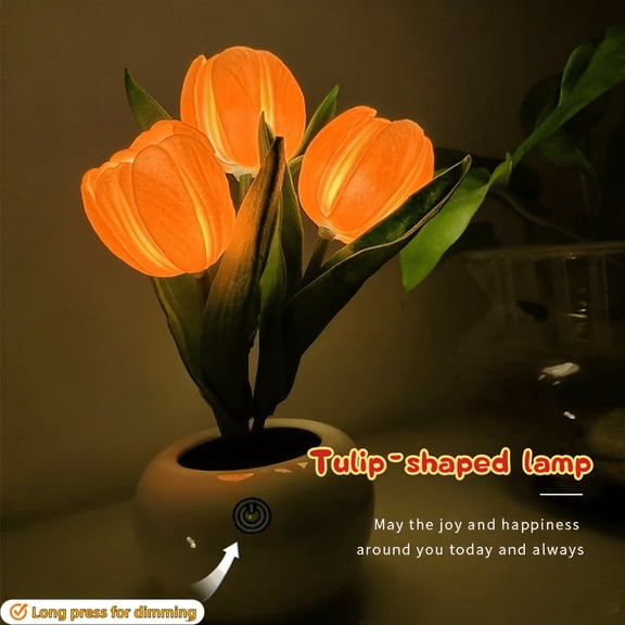 LED Tulip Table Lamp with Vase, USB Powered Artificial Flower Light for Bedroom, Living Room and Desk Decor-orange