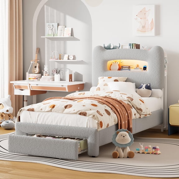 LED Twin Bed Frame with 2-Tier Storage Headboard, Upholstered Platform Bed with Charging Station & Drawer for Boys and Girls, Heavy Duty Metal Support, No Box Spring Needed, Beige