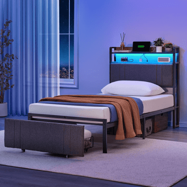 LED Twin Size Bed Frame with Storage Headboard & 1  Drawers,Heavy Duty Metal Bed base Upholstered Platform Bedroom Furniture Charging Station Black,Z-hom
