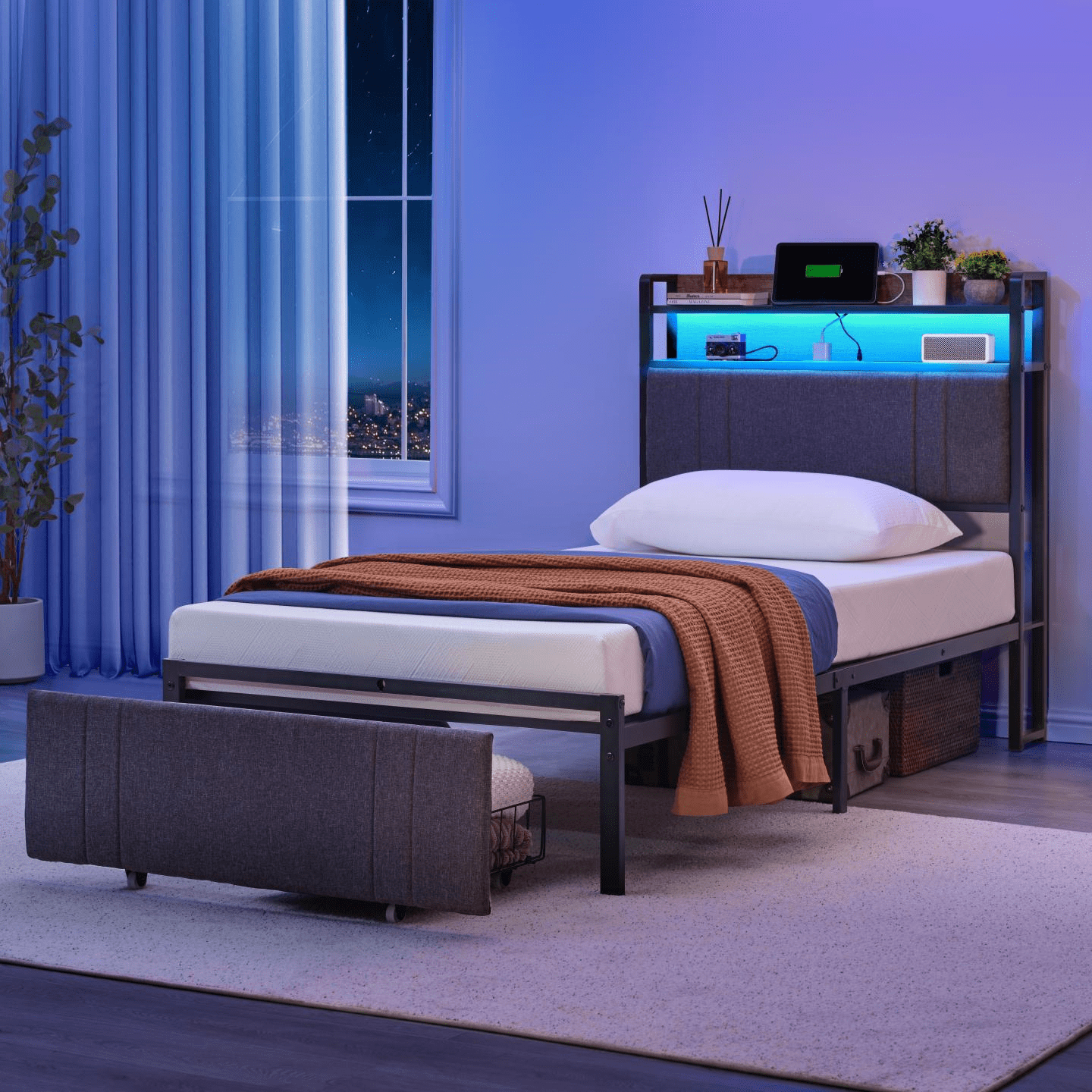 LED Twin Size Bed Frame with Storage Headboard & 2 Drawers,Heavy Duty ...