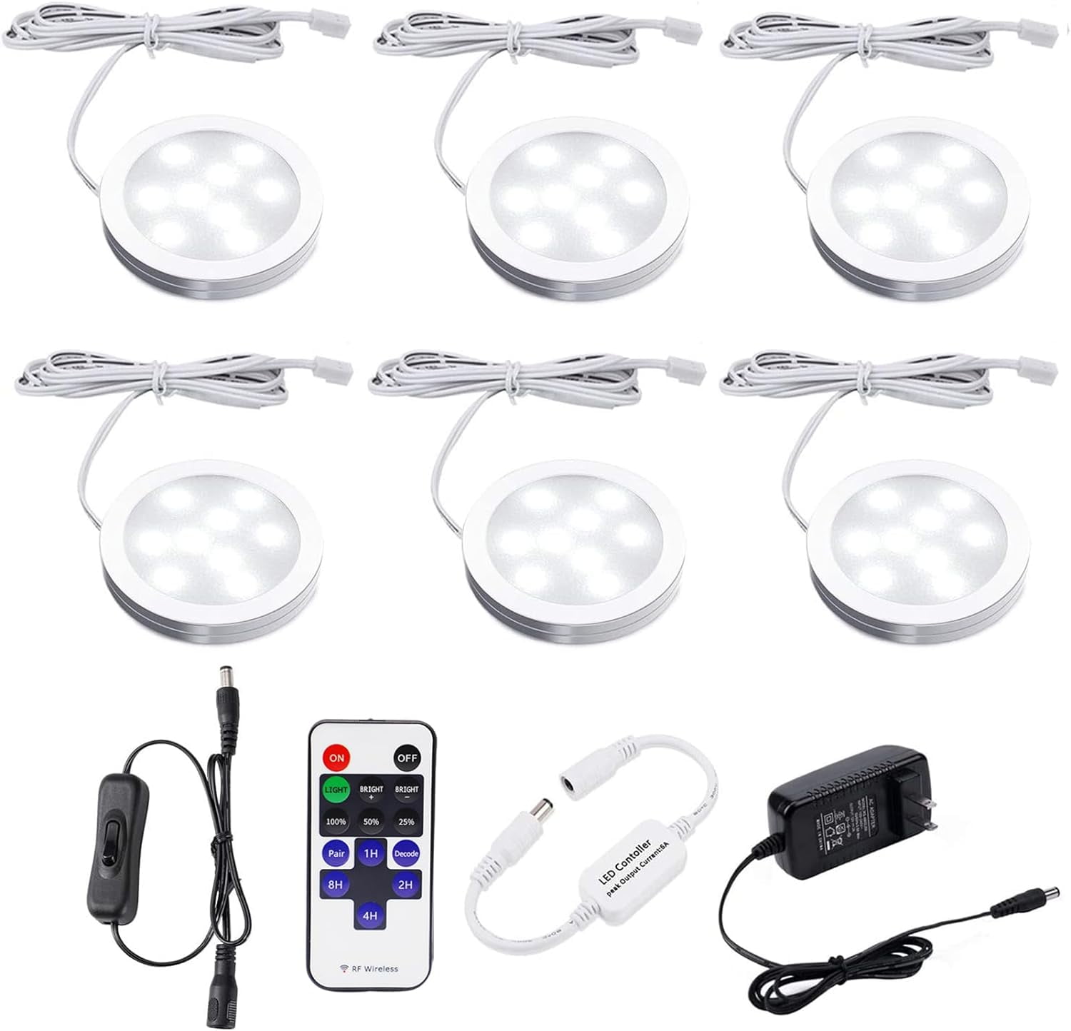 LED Under Cabinet Lighting Dimmable with RF Remote Control, 6 Puck Lights, Total of 12W, for Kitchen Count Closet Wardrobe Lighting(Daylight White)