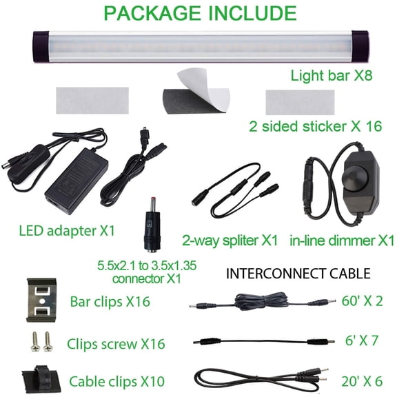 LED Under Cabinet Lighting Kit, Plug in Strip Lights with Dimmer Switch for Kitchen Cabinet Counter, Closet, bedroom lighting. (24w-8 bars kit-6000K)