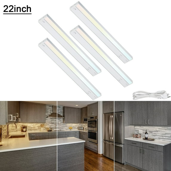 4 Pack LED Under Cabinet Light, 22 Inch, Dimmable, Linkable, 3 Color Selectable, Hardwired or Plug-in, White Finish