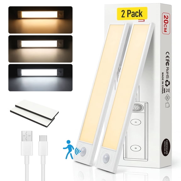 Jionchery Under Cabinet Lighting, 2-Pack Rechargeable Closet Lights with Motion Sensor, 3-Level Dimmable & Magnetic, Wireless Under Counter Lights for Kitchen, Stairs, Hallway