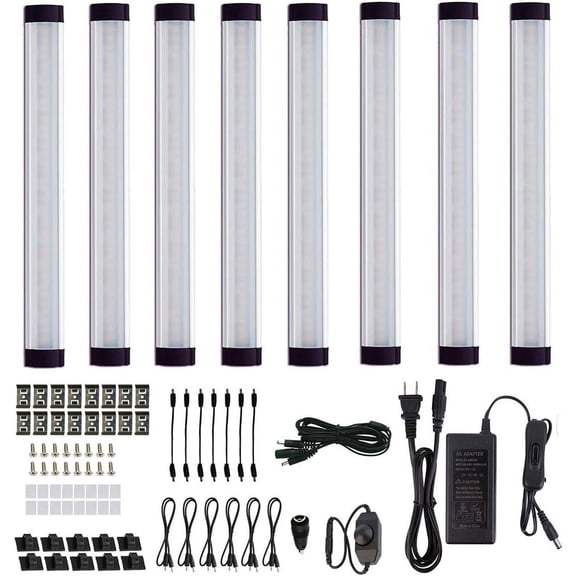 LED Under Cabinet Lighting Kit, Plug in Strip Lights with Dimmer Switch for Kitchen Cabinet Counter, Closet, Bedroom (24W, 8 Bars, 6000K)