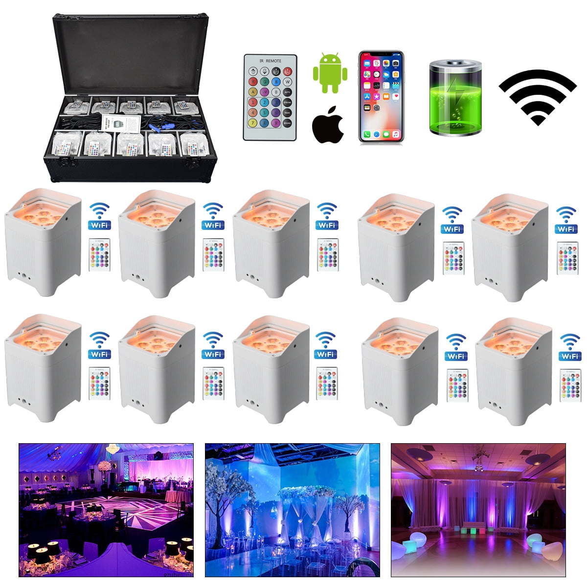 LED Up lights Battery Powered Par Can LED Stage Lights 6x18W RGBWA+UV APP Control Rechargeable