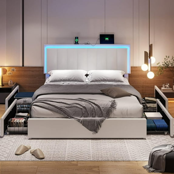 LED Upholstered Bed Frame Full Size with Adjustable Headboard&Charging Station&LED Lights,Modern Faux Leather Platform Bed Frame with 4 Storage Drawers, No Box Spring Needed,White
