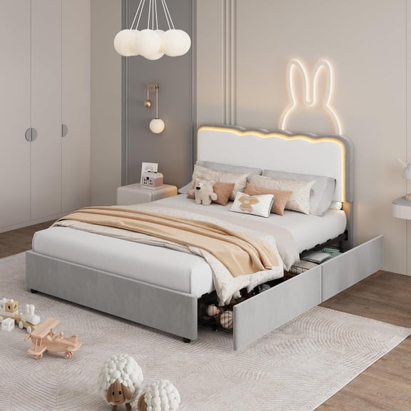 LED Upholstered Platform Bed Frame with 2 Storage Drawers, Adjustable Double Wave Velvet Headboard No Box Spring