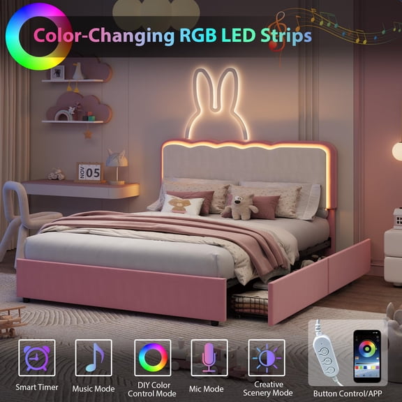 LED Upholstered Platform Bed Frame with 2 Storage Drawers, Adjustable Double Wave Velvet Headboard No Box Spring