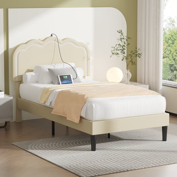 LED Upholstered Twin Bed Frame with Adjustable Headboard and Charging Station Noise Free Beige