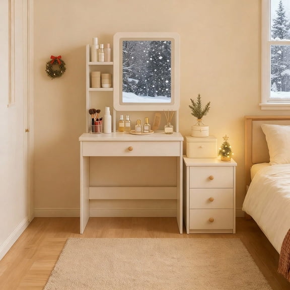 LED Vanity Desk with Storage Shelves and Movable 3-Drawer Cabinet, Cozy Makeup & Study Table for Girls or Teens Bedroom, Small Space Christmas Gift Idea