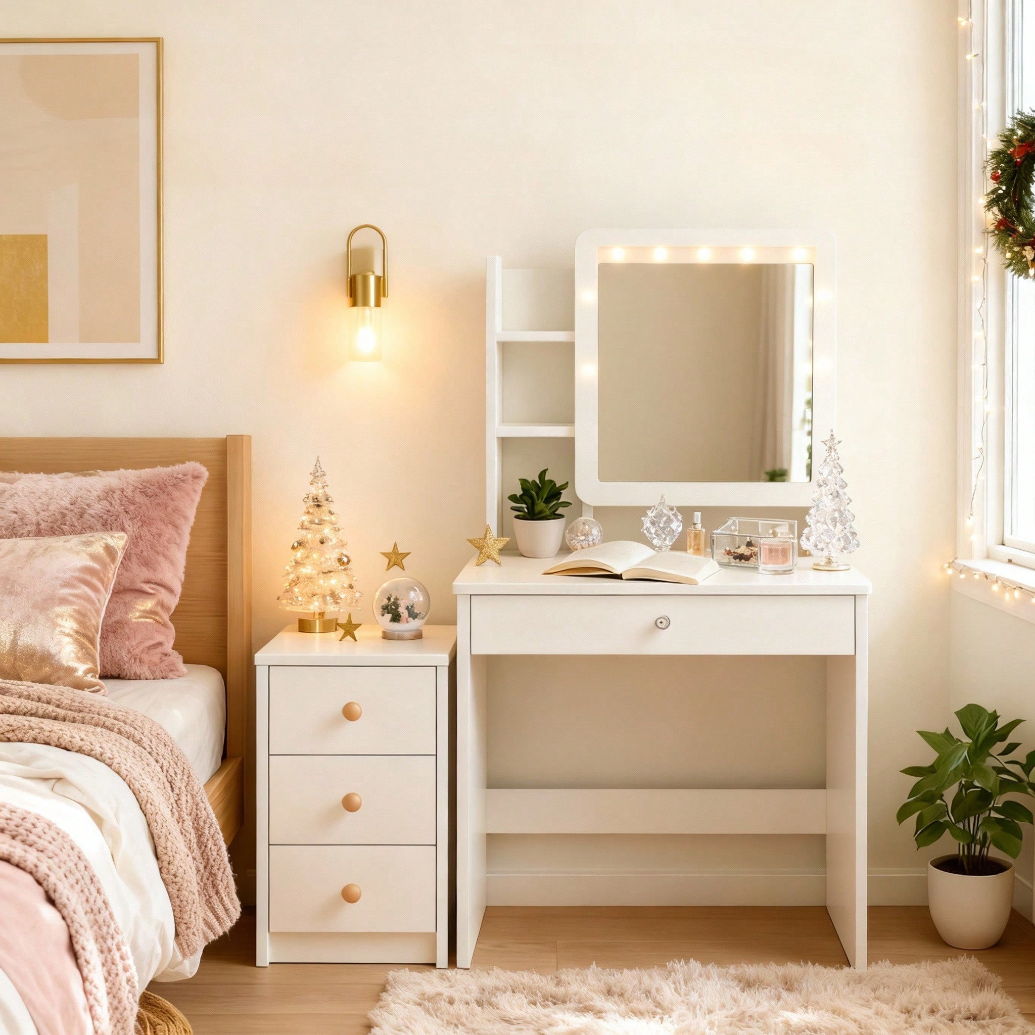 Movable Vanity LED Vanity Desk with Storage Shelves and Movable 3-Drawer Cabinet, Cozy ...