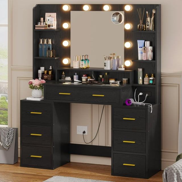 Black LED Vanity Makeup Desk with Mirror, Lights, Charging Station, 8