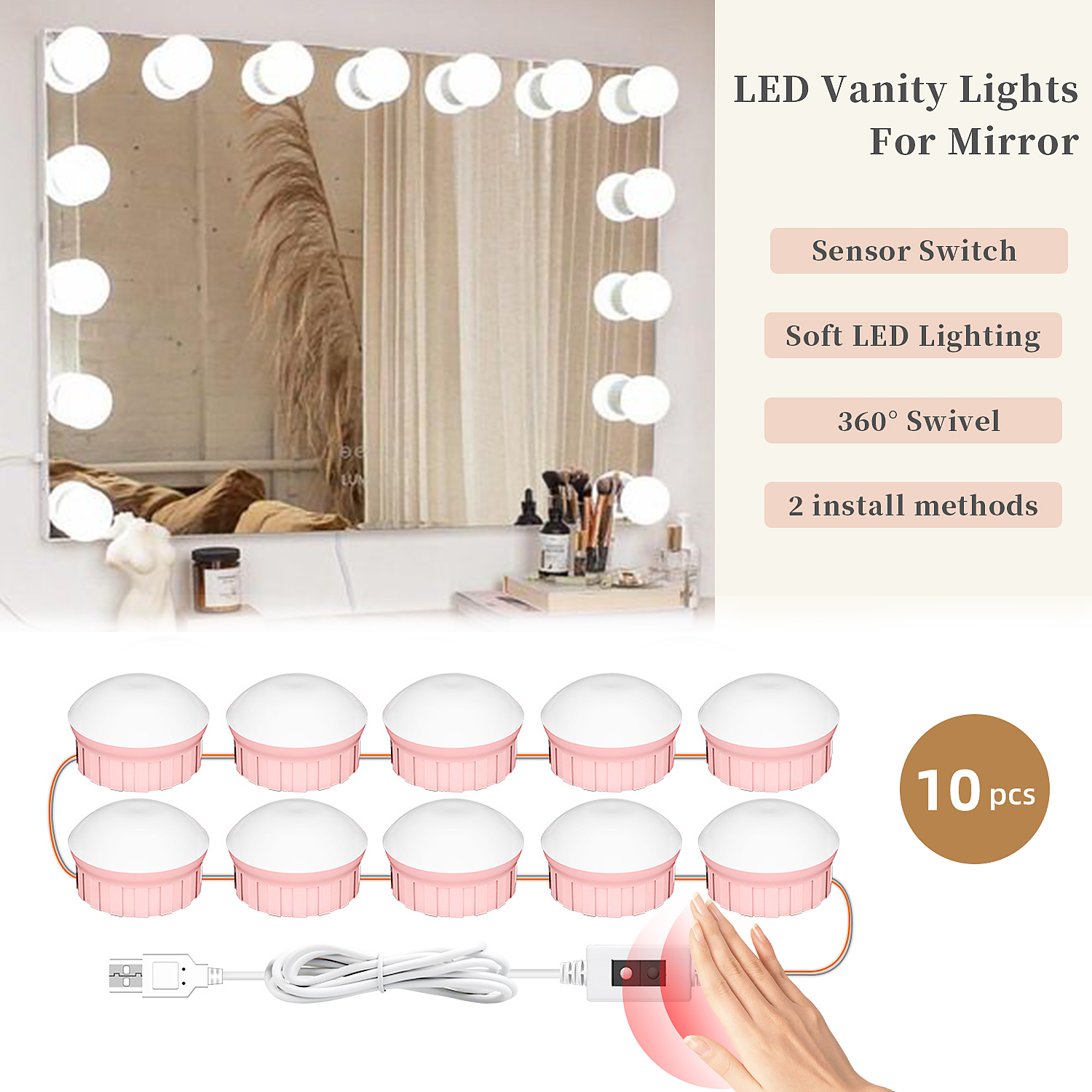 LED Vanity Lights For Mirror, 10 Pcs Hollywood Style Vanity Lights With