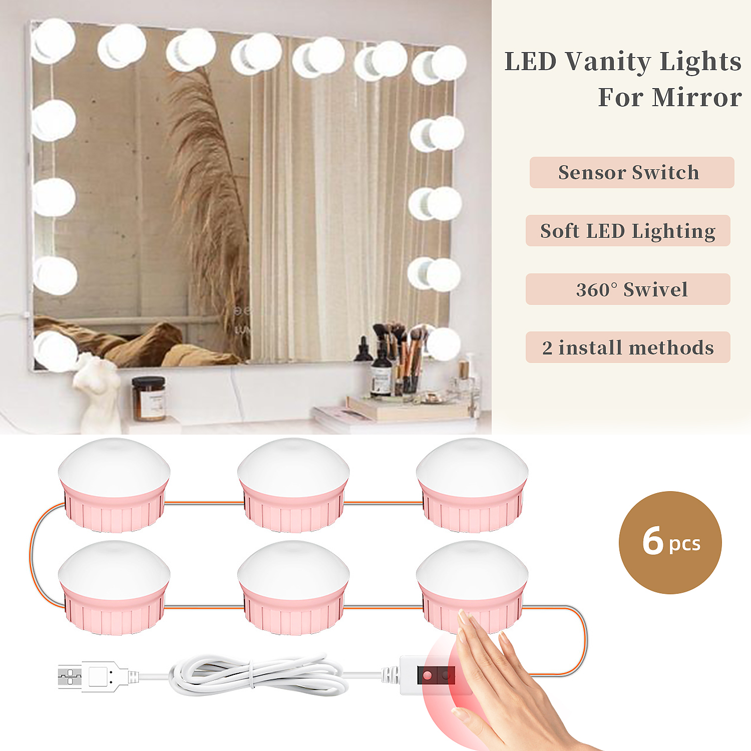 LED Vanity Lights For Mirror, 6 Pcs Hollywood Style Vanity Lights With