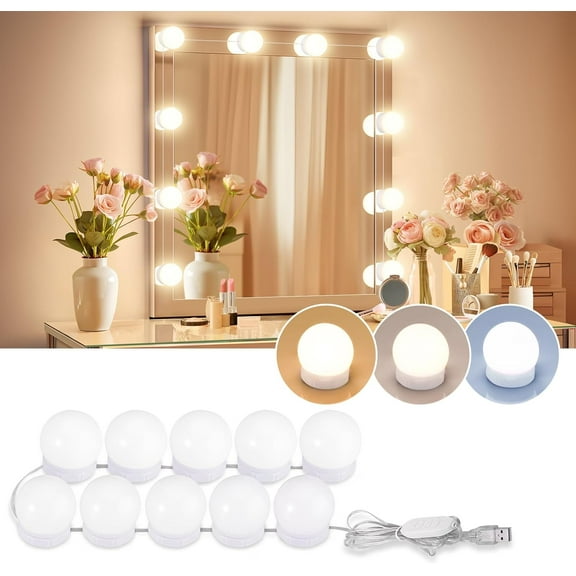 LED Vanity Lights For Mirror, Consciot Hollywood Style Vanity Lights With 10 Dimmable Bulbs, Adjustable Color & Brightness, USB Cable, Mirror Lights Stick on for Makeup Table Dressing Room Mirror