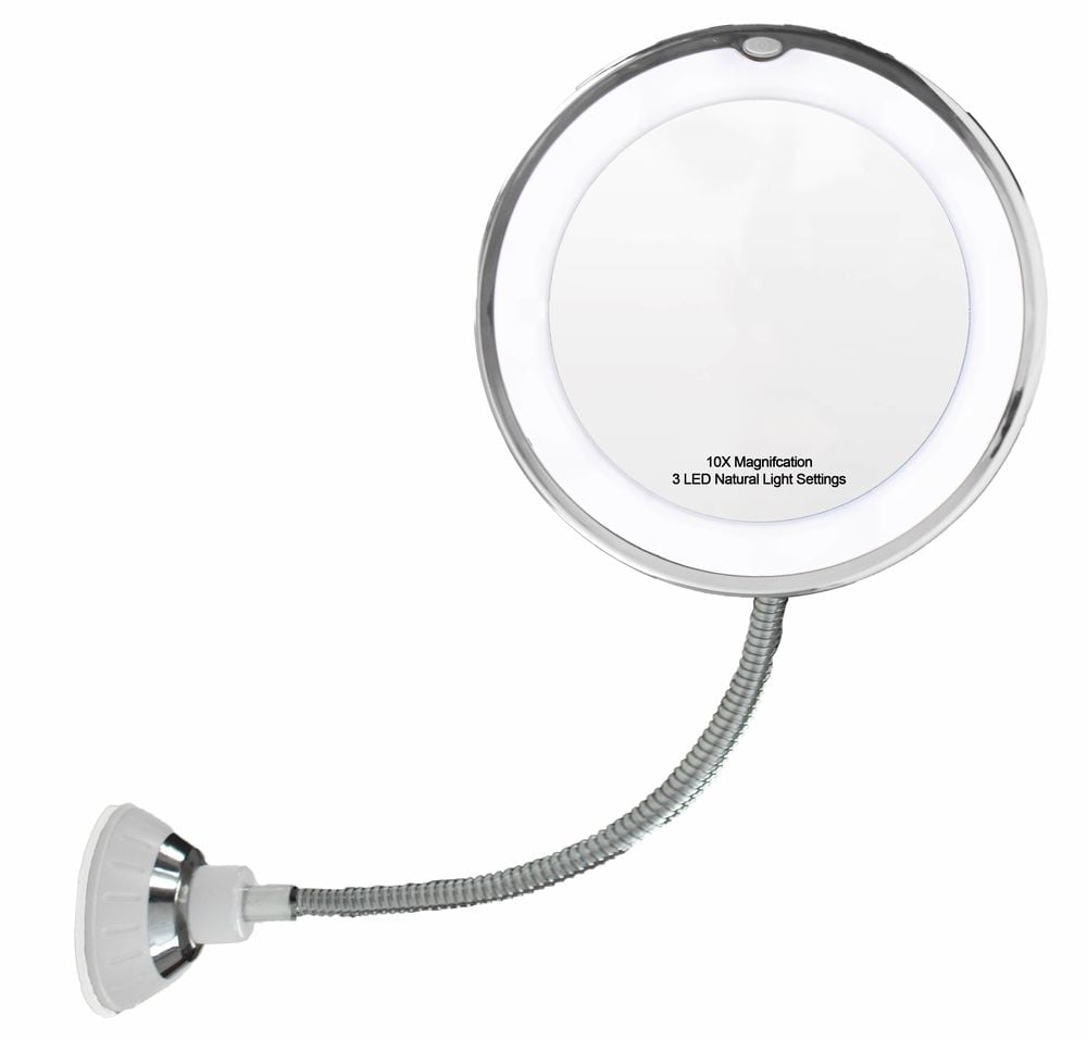 LED Suction Cup Makeup Mirror - 10X Magnification, 14 Bright Lights, Flexible Gooseneck for Travel