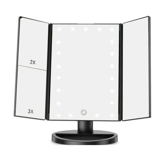 LED Vanity Mirror Three Fold USB Black with Data Cable Small Mirror Makeup Mirror for Bedroom Daily