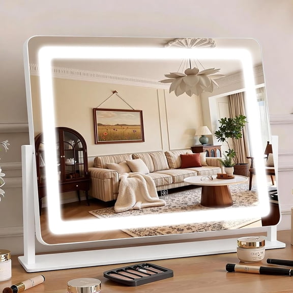 LED Vanity Mirror with Touch Control, 22"17", Dimmable 3-Color Lighting, 360 Rotation, HD Reflective Surface, Tabletop Design, White, Aluminum Frame